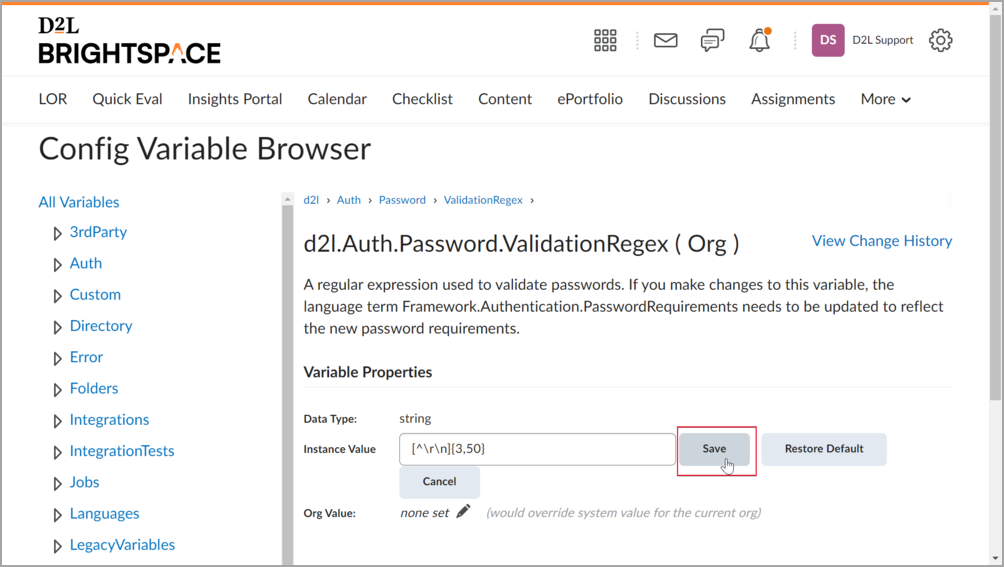 Saving the new Instance Value for the Auth.Password.ValidationRegex configuration variable