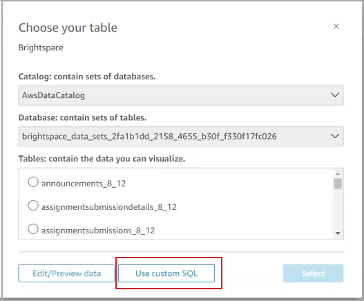 Nessa caixa de diálogo, você pode optar por editar e visualizar dados ou usar SQL personalizado usando os botões na parte inferior da caixa de diálogo.