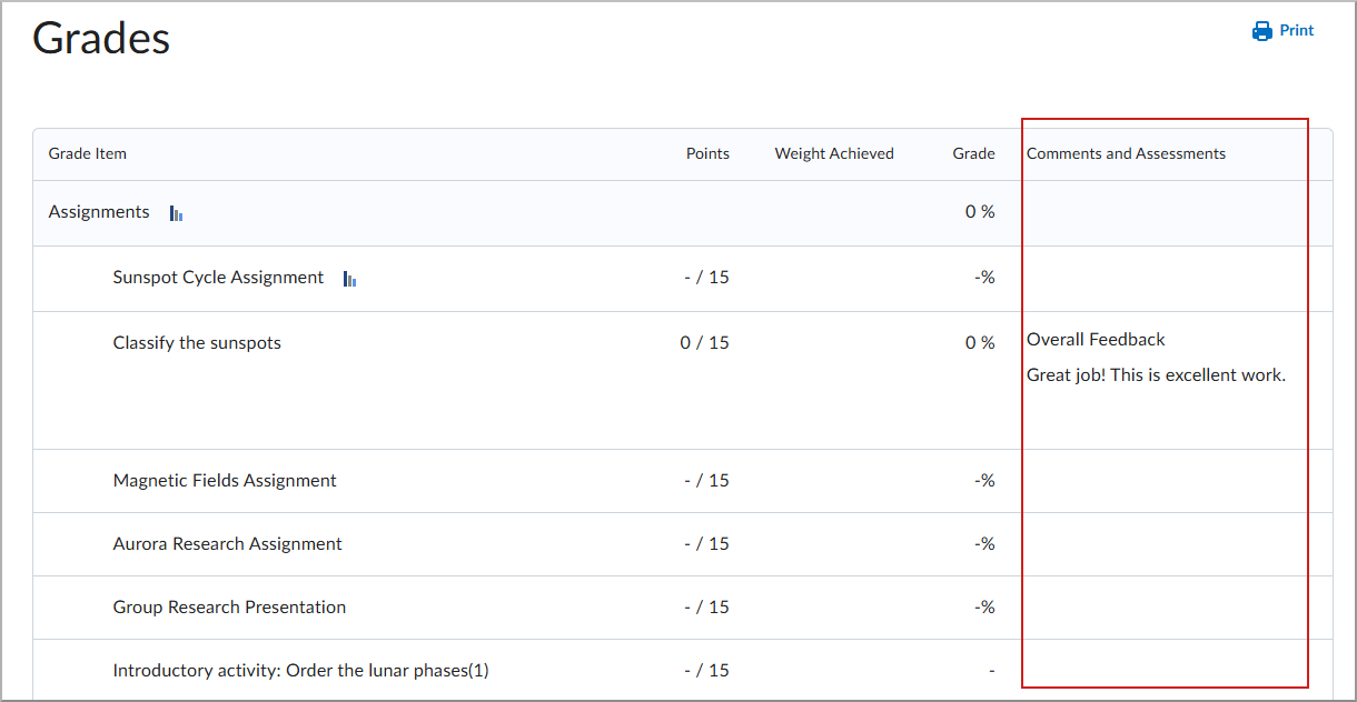 Grades screen with comments and Assessments showing.