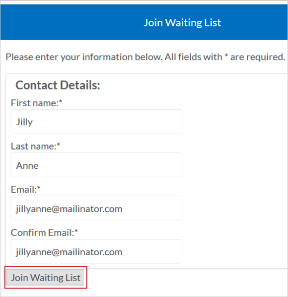 The Join Waiting List button below the required input fields