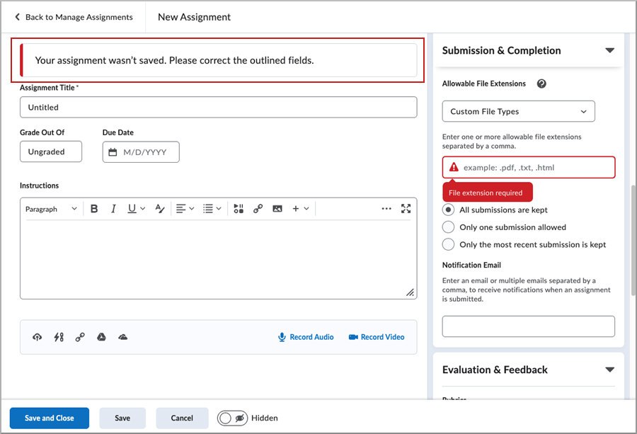 Página Nueva asignación que muestra un error de validación cuando se seleccionan Tipos de archivos personalizados sin especificar al menos una extensión de archivo permitida.