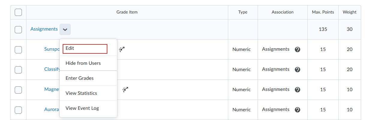 Manage Grades page with the category name and Edit highlighted.