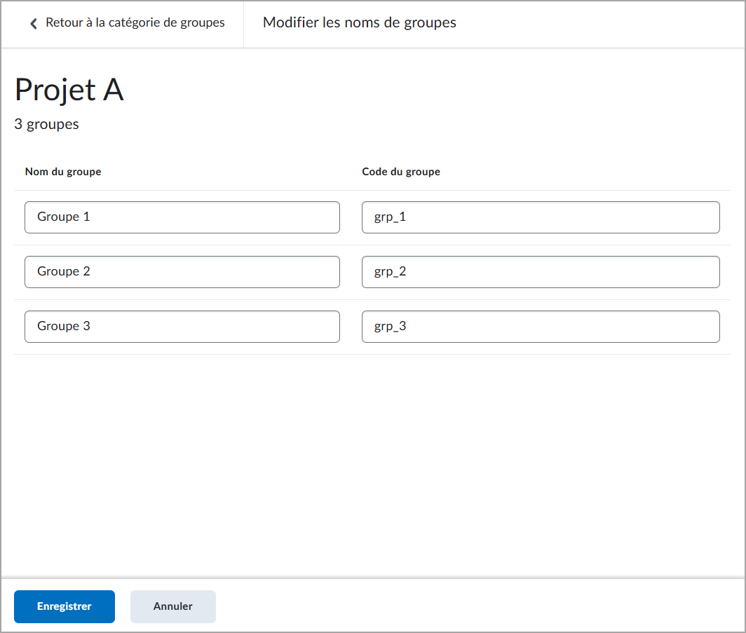 Écran Modifier les noms de groupe, qui comporte des champs permettant de modifier les noms et les codes de groupe.