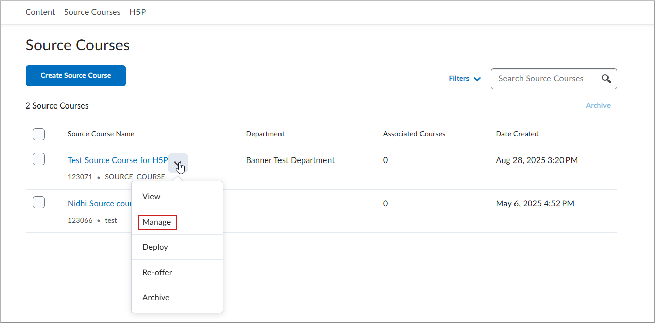 The Actions menu for a source course showing the Manage option.