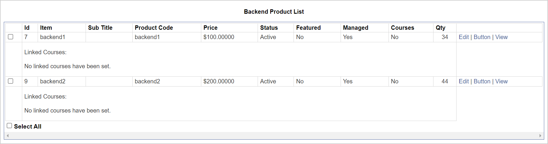 La lista de productos Backend que muestra los productos vinculados a los cursos