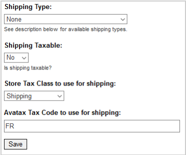 The Shipping settings showing the Type, Taxable, Tax Class, and Tax Code fields