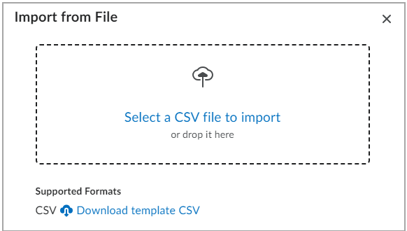 The Download template CSV provides a text file with example text that you can use to craft your own outcomes to import.