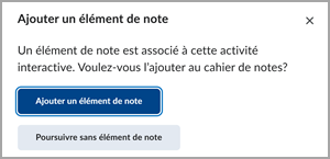 Une nouvelle fenêtre contextuelle vous demande si le contenu H5P intégré est associé à un élément de note. Une nouvelle fenêtre contextuelle vous demande si le contenu H5P intégré est associé à un élément de note.