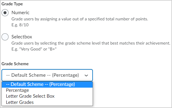 The Grade Type and Grade Scheme options.