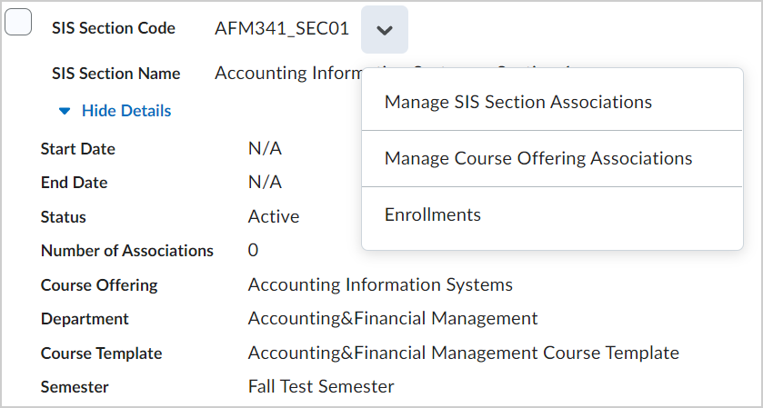 As opções do menu de contexto para uma seção do Sistema de informações do aluno.
