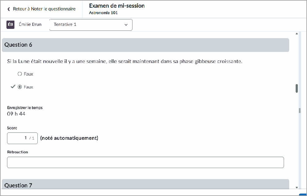 Une réponse au questionnaire avec le champ Rétroaction en surbrillance.