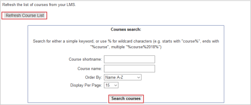 The Courses search section showing the search filter fields and the Search courses button