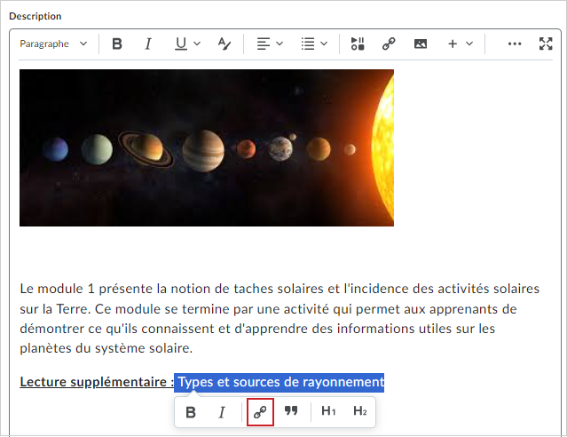 Le menu contextuel du texte comprend le bouton de lien hypertexte.