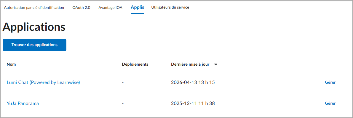 Page Applications affichant le nouvel onglet Applications et l’option Trouver des applications.