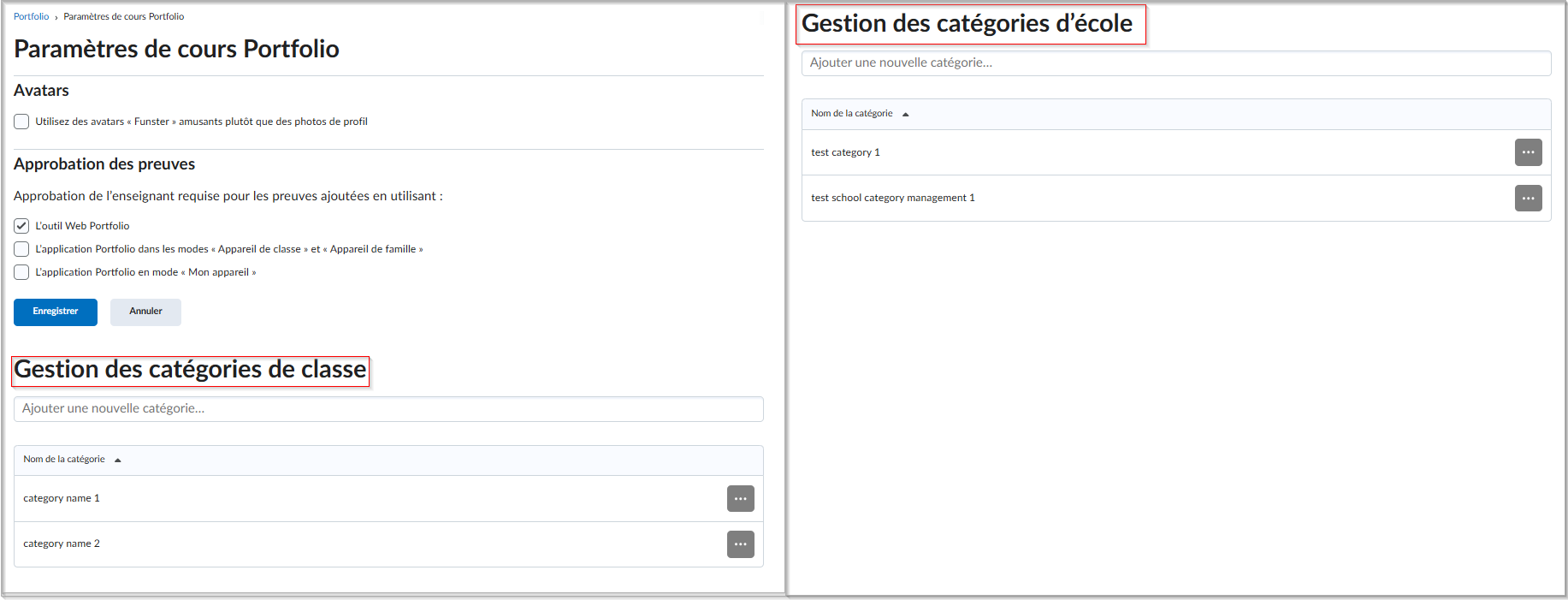 Vue côte à côte de l’interface utilisateur mise à jour : (à gauche) l’option Réglages de la classe de l’outil Portfolio renommée « Gestion des catégories de classe »; (à droite) l’option Outil d’administration renommée « Gestion des catégories d’école ».
