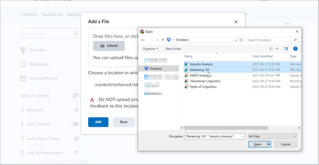 O seletor de arquivos do Dropbox mostrando os arquivos selecionados e o botão Abrir. A caixa de diálogo Adicionar um arquivo também é exibida.