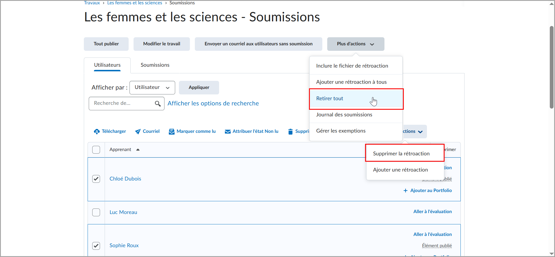 L'option « Supprimer tout » est sélectionnée dans le menu « Plus d'actions » de la liste « Soumissions ».