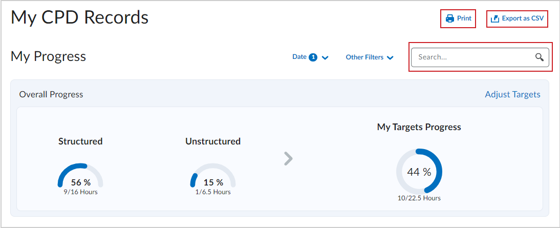 The Print, Export as CSV, and Search field in the My CPD Records dashboard