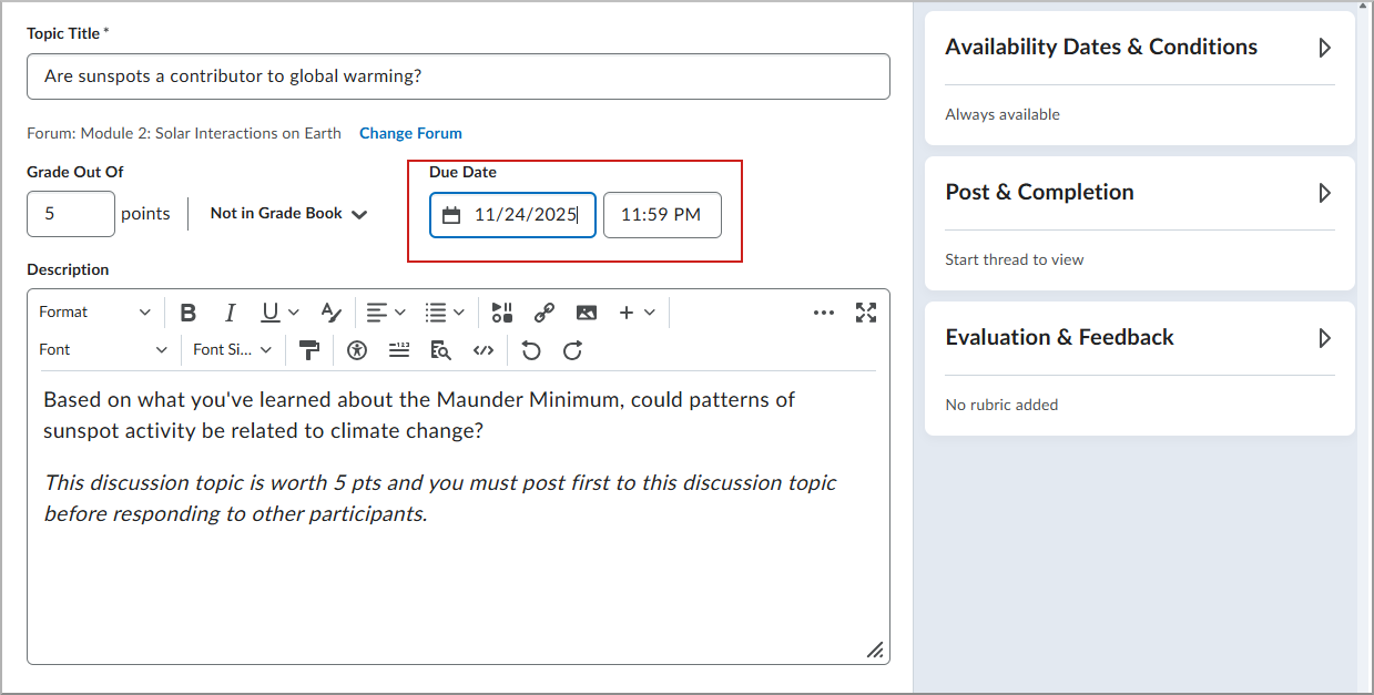 The Topic Title, Grade Out Of, and Description fields.