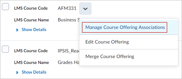 A opção Gerenciar associações de Oferta de curso.