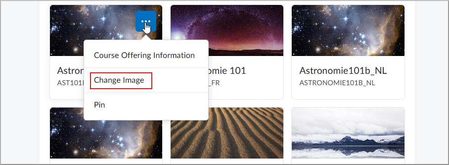 Le composant graphique Mon cours avec le menu Actions pour le cours développé et Changer l’image sélectionné.