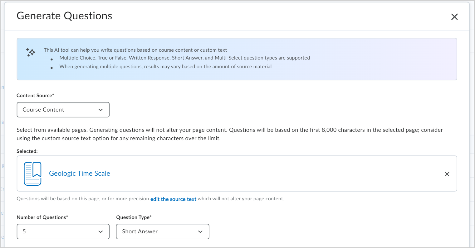 The Generate Questions dialog showing selections for Content Source, Number of Questions, and Question Type