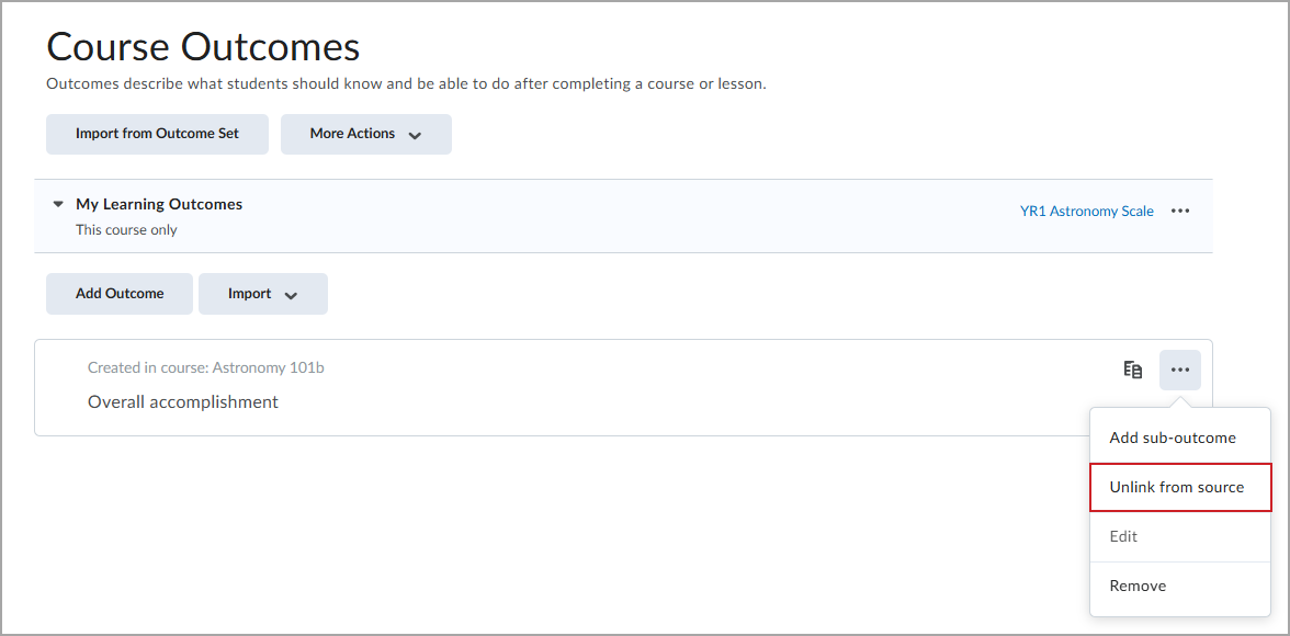Course Outcomes page with Unlink From Source menu option highlighted for a learning outcome