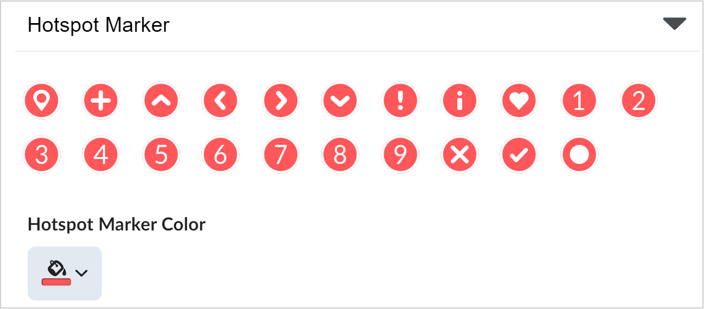 The Hotspot Marker section showing different icons for markers like a location symbol, arrows, number, and more. The Hotspot Marker Color button is visible.