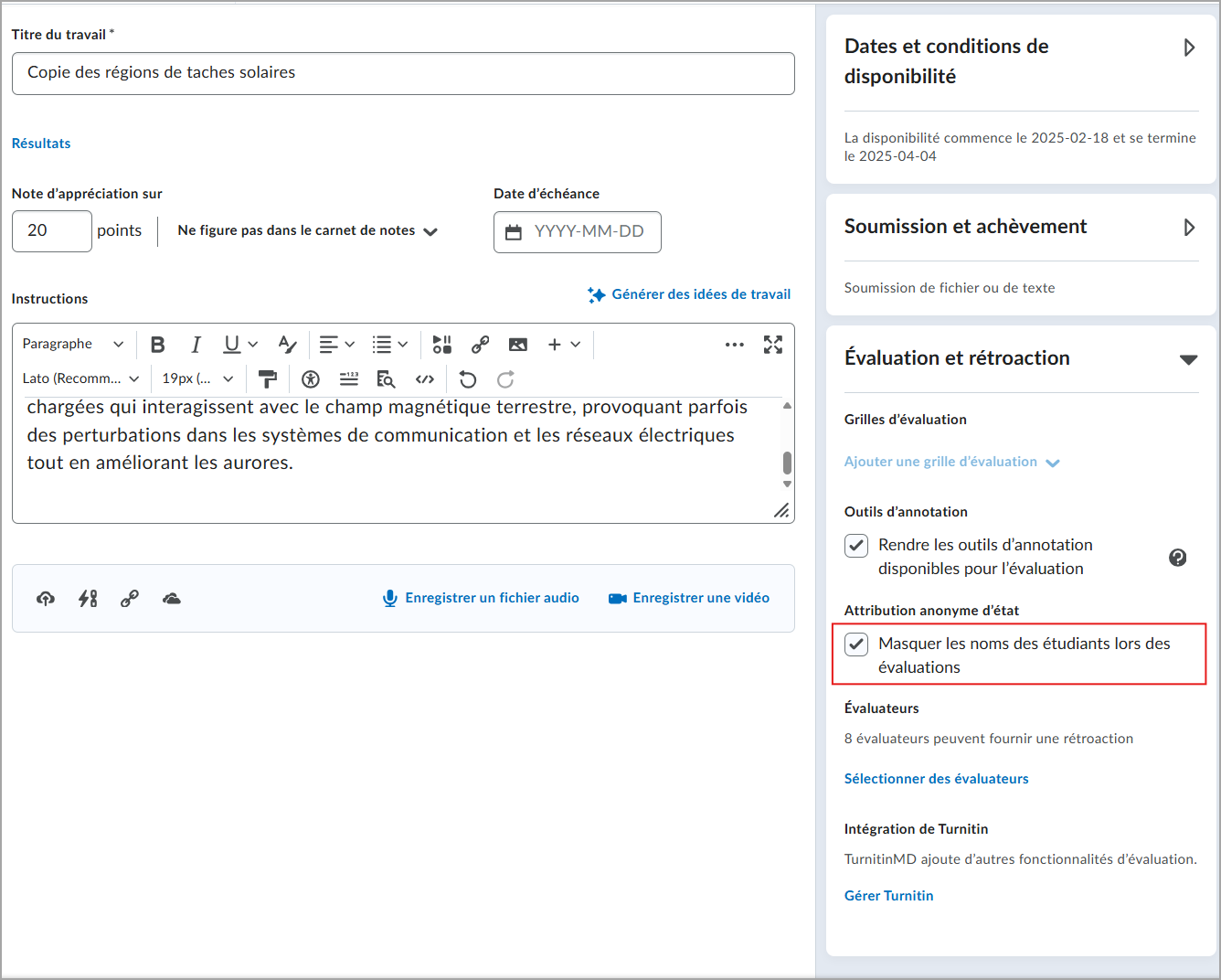 Option de notations anonymes dans le volet Évaluation et rétroaction
