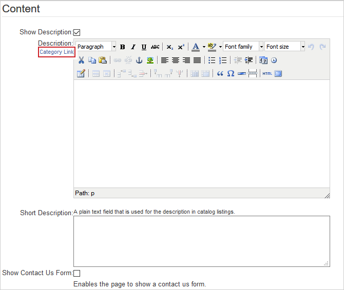 The Content page showing options for customizing cateogory descriptions, links, and more.