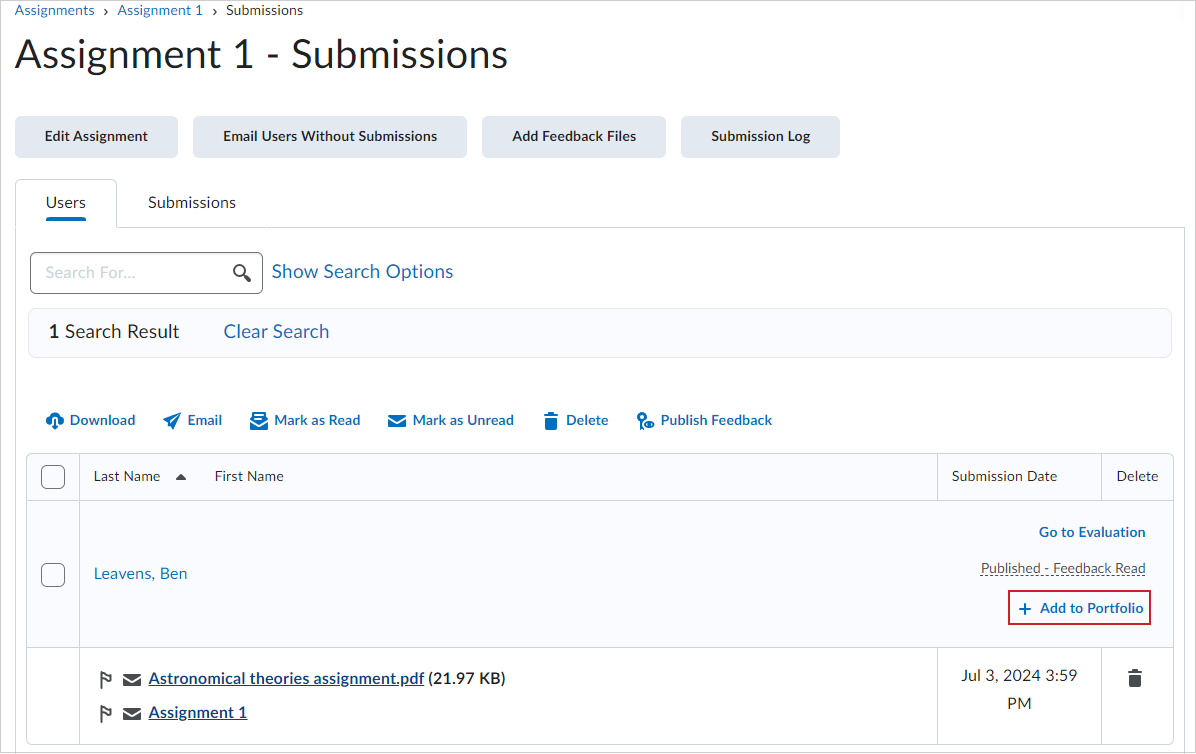 The Add to Portfolio option of a submitted assignment.