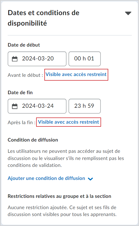 Les boutons d'option de verrouillage de l'accordéon Dates de disponibilité et conditions.