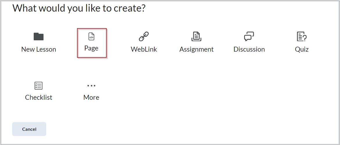 The "What would you like to create" page with the Page option highlighted.