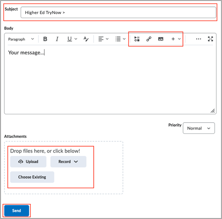 The Compose New Message page showing the Subject, Body, and Attachments fields.