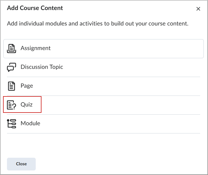 L'option Quiz sélectionnée dans le menu Ajouter du contenu.