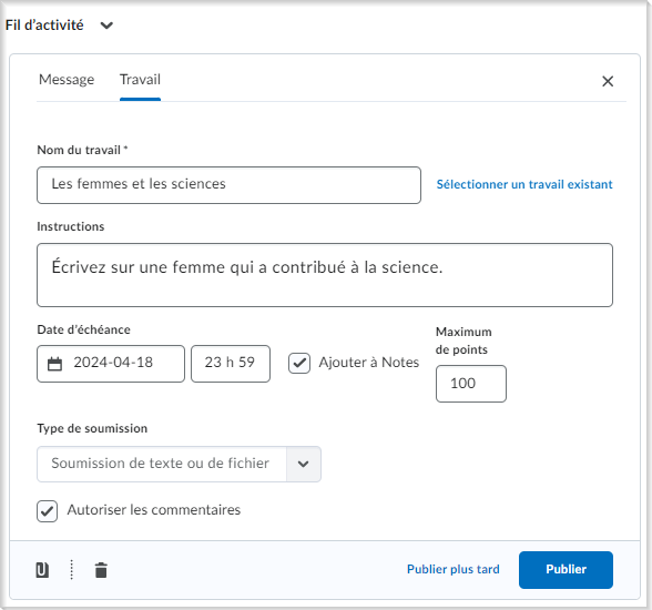 L'onglet de création de publication Travail. Les champs Nom du travail, Directives, Date d'échéance, Nombre maximal de points et Type de soumission sont visibles.
