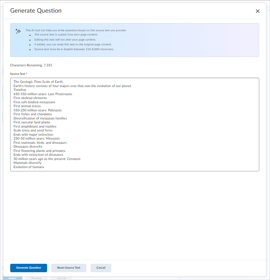 The Generate Question dialog showing the Source Text and Generate Question button