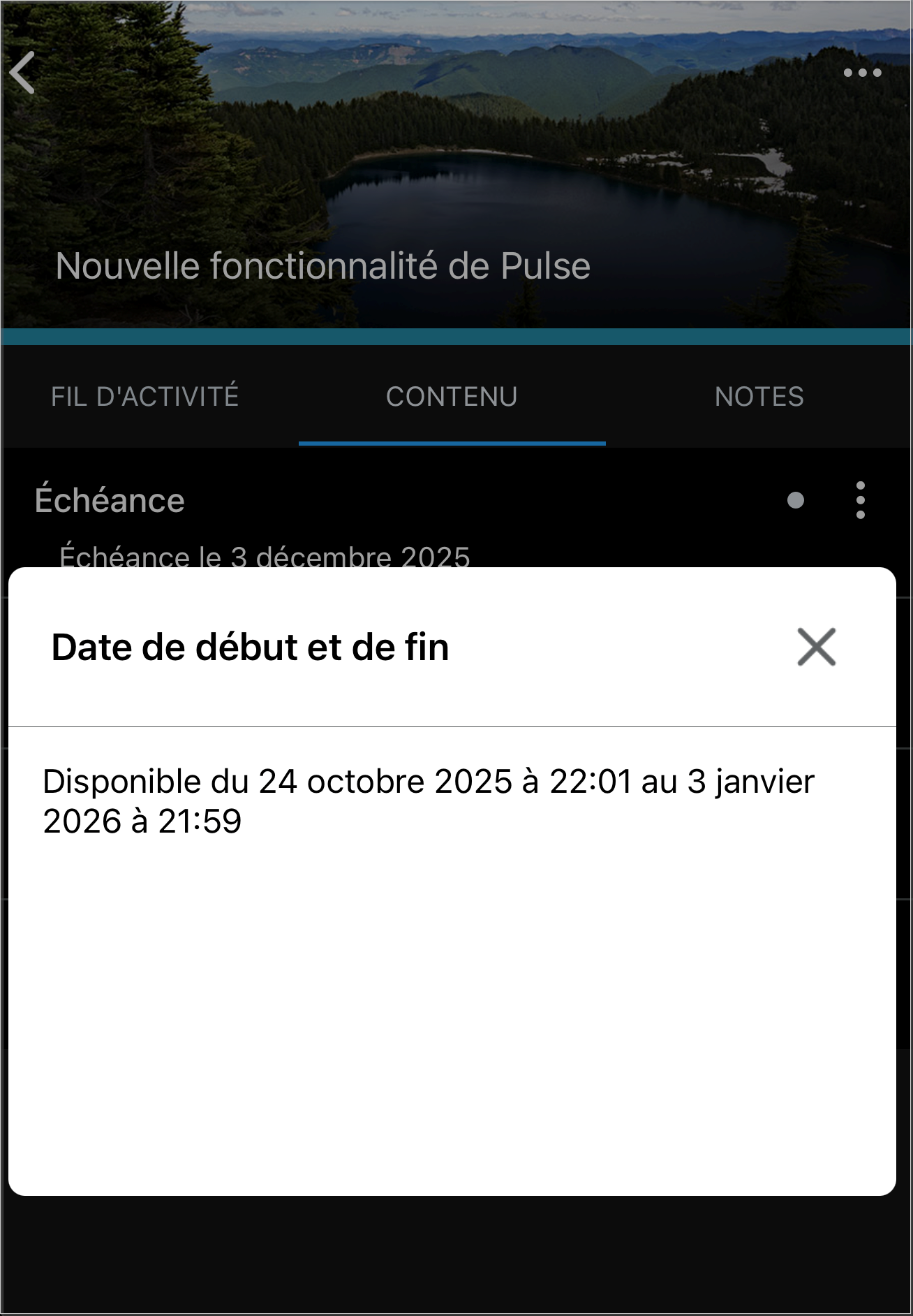 Boîte de dialogue des dates de début et de fin montrant la disponibilité du contenu du 25 octobre 2025 au 3 janvier 2026