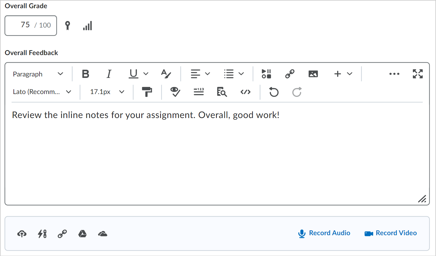 The Overall Grade and Overall Feedback fields for an assignment.