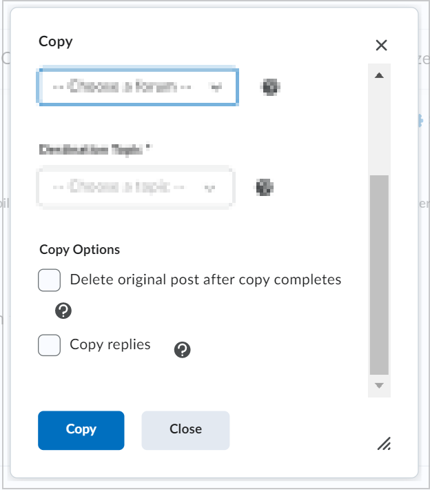 The Copy dialog showing Copy Options and the Copy replies check box.