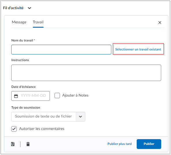 L'option Sélectionner un travail existant du composant graphique Fil d'activité.