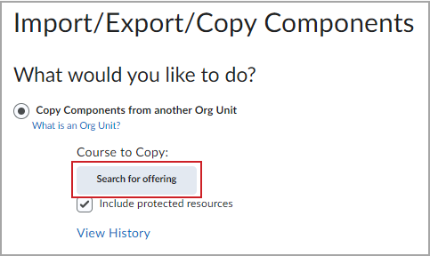 The Import/Export/Copy Components window with the Search for offering button highlighted