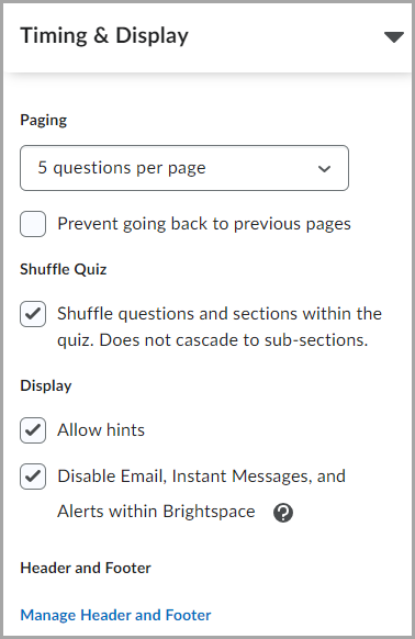 Display and Paging settings for a quiz