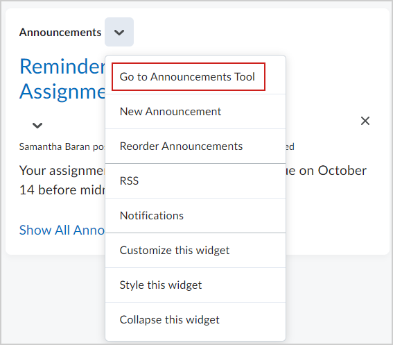 The Go to Announcements tool option.