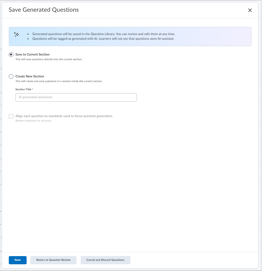 The Save to Current Section and Create New Section options in the Save Generated Questions dialog