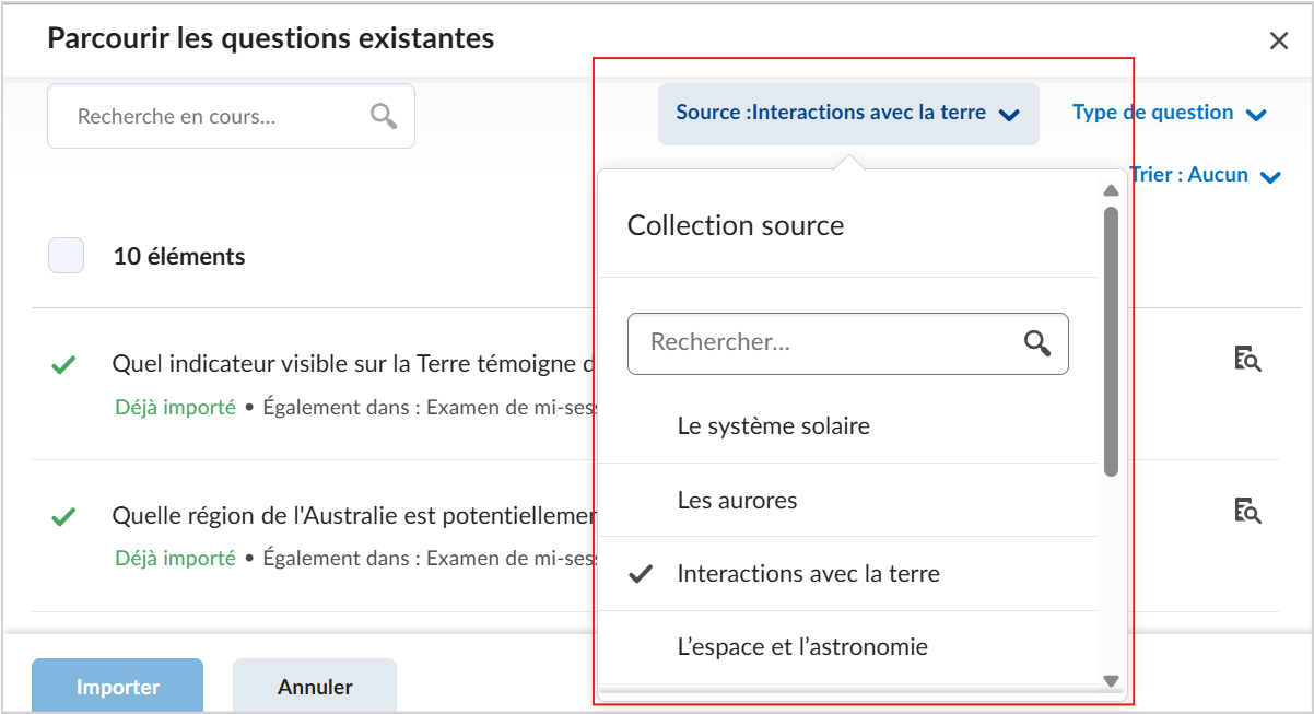 Le sélecteur de source mis à jour avec une barre de recherche mise en évidence dans Bibliothèque de questions.