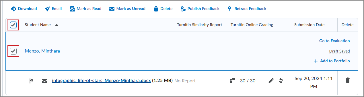 Use the checkmarks to select the learners for whom you want to publish feedback.