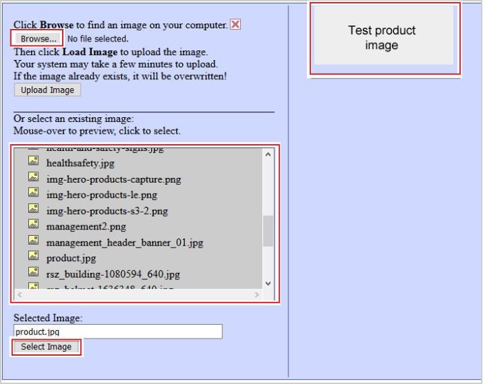 The image management window showing the options for browsing, uploading, and selecting an image.