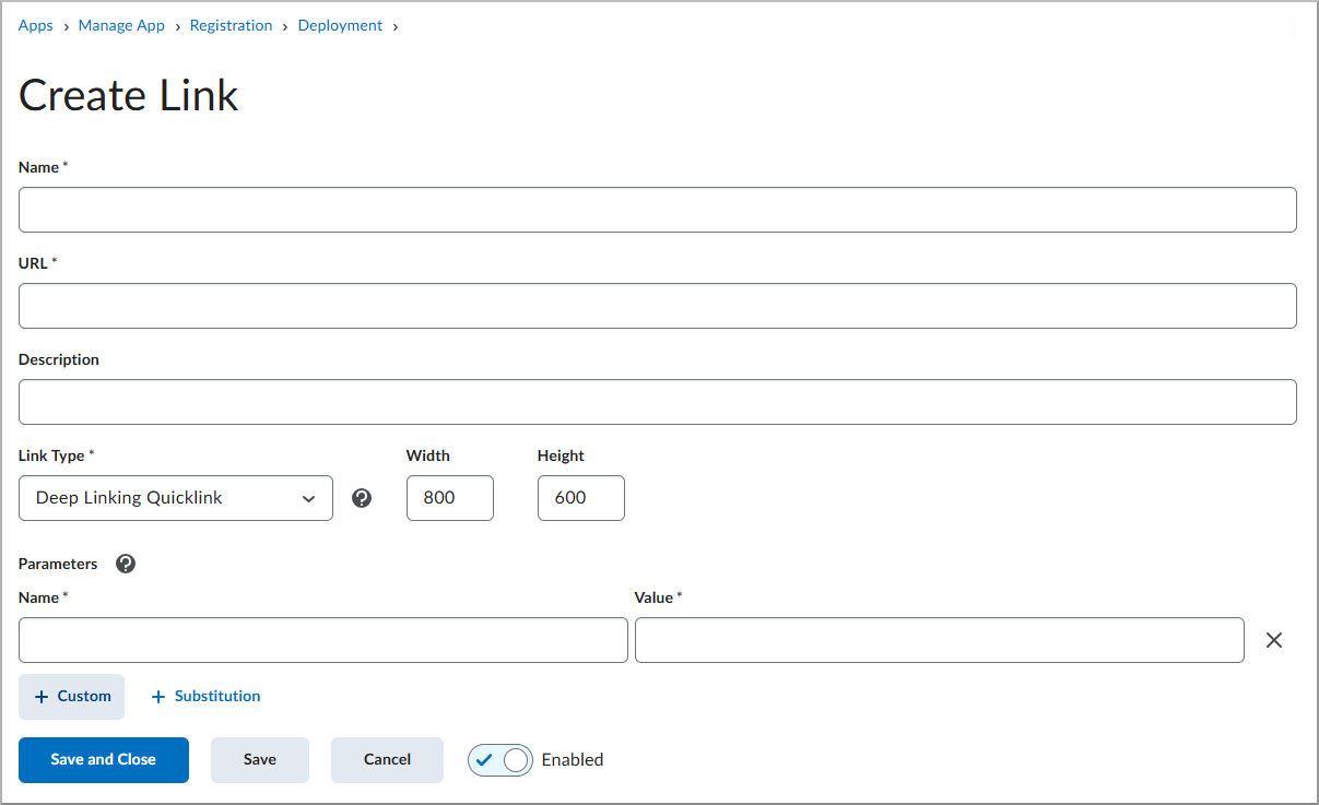 Página Crear enlace en la que se muestran los campos de configuración del enlace.