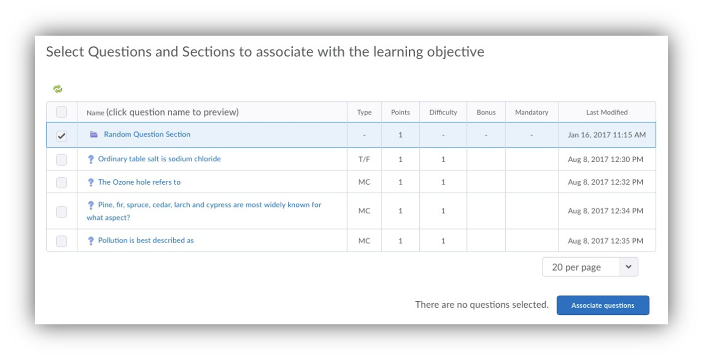 Select Questions and/or Sections.